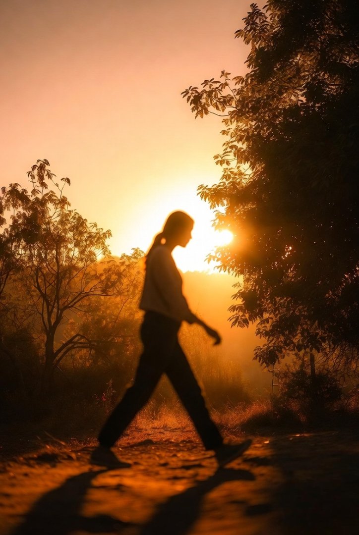A person walking outside during golden hour, slightly blurred motion, warm sunlight, trees glowing.