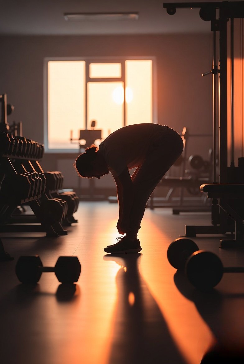 sunrise gym scene—someone tying their shoelaces, soft golden light hitting dumbbells, muted tones with warm orange highlights.