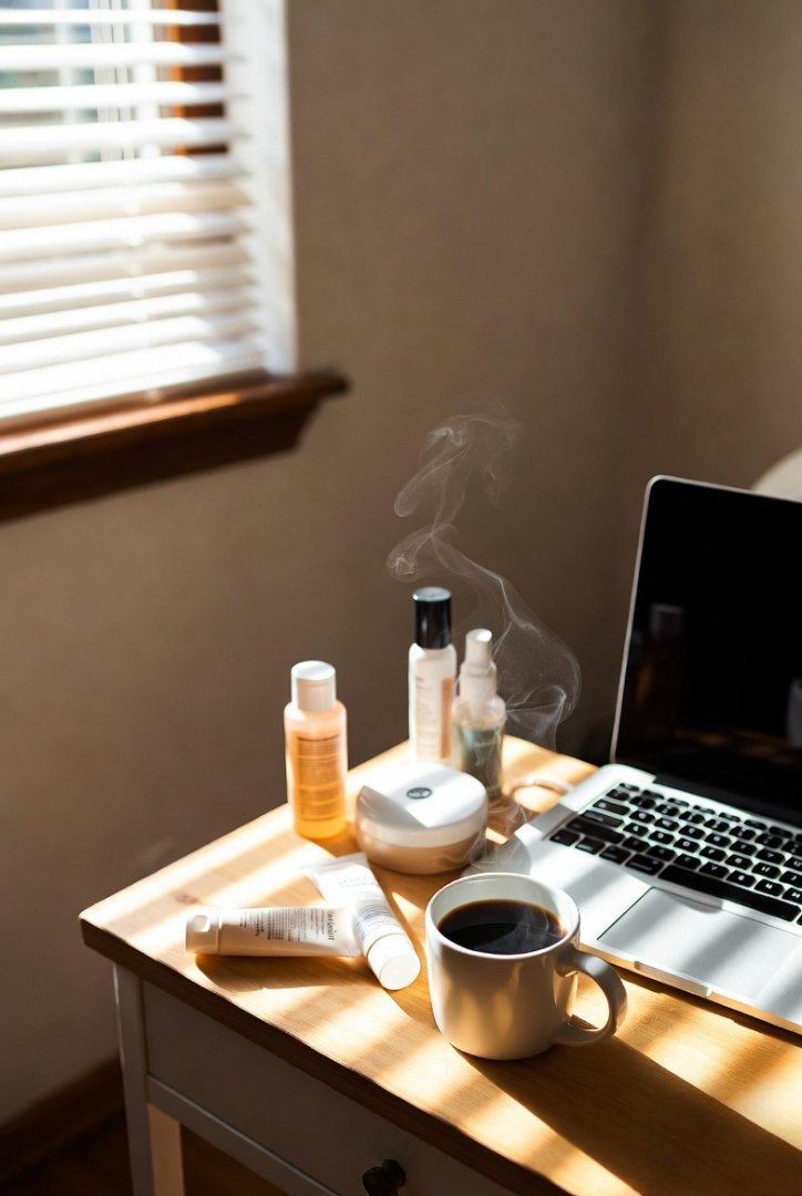 coffee mug, laptop half-open, skincare products scattered, sunlight coming through blinds.