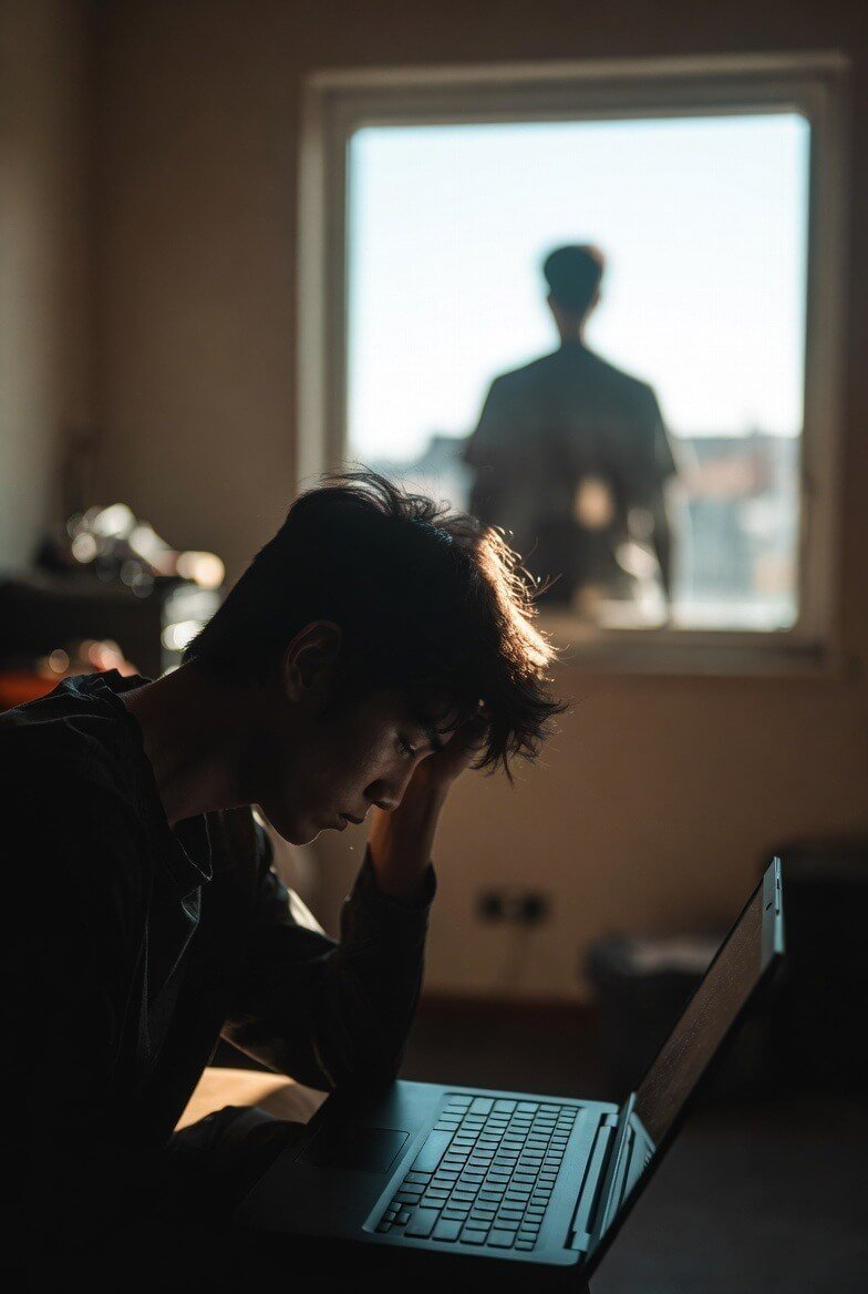 Here's a short alt text (under 10 words): **Tired young man at laptop, silhouette walking outside in sunlight.**