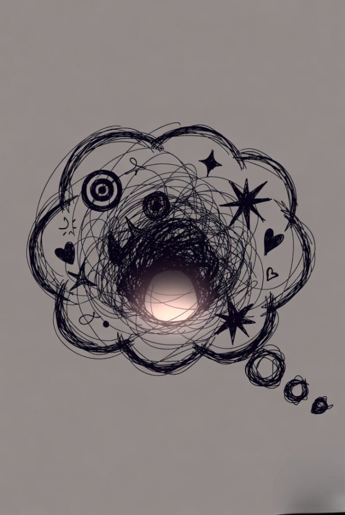 A messy thought bubble illustration—scribbles, random icons, tangled lines—contrasted with a small calm center.