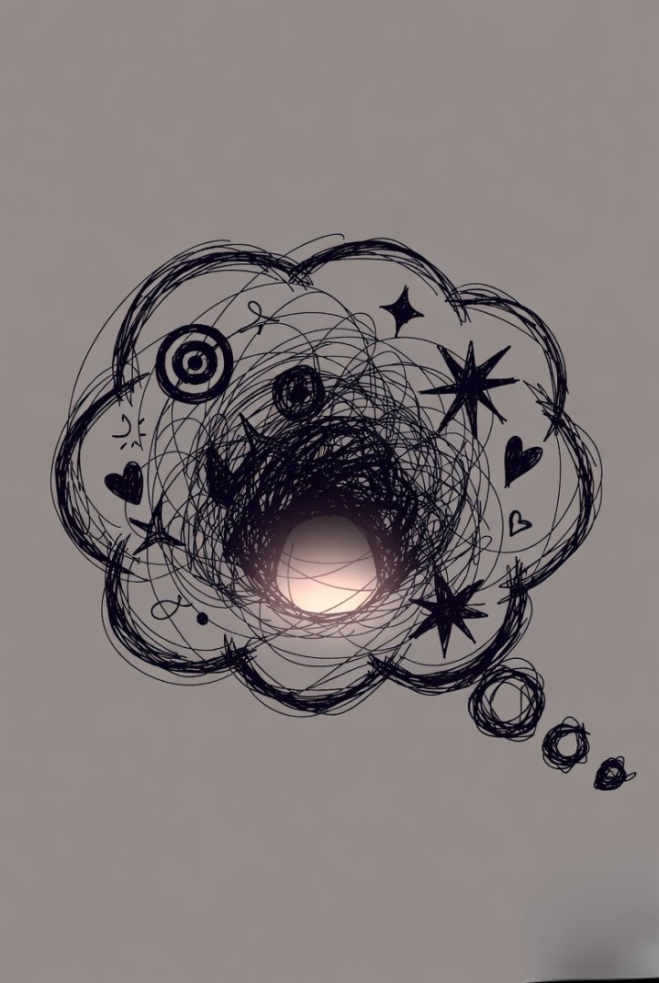 A messy thought bubble illustration—scribbles, random icons, tangled lines—contrasted with a small calm center.