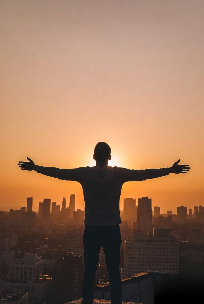 a person standing on a rooftop at sunrise, arms stretched out, city skyline behind them.